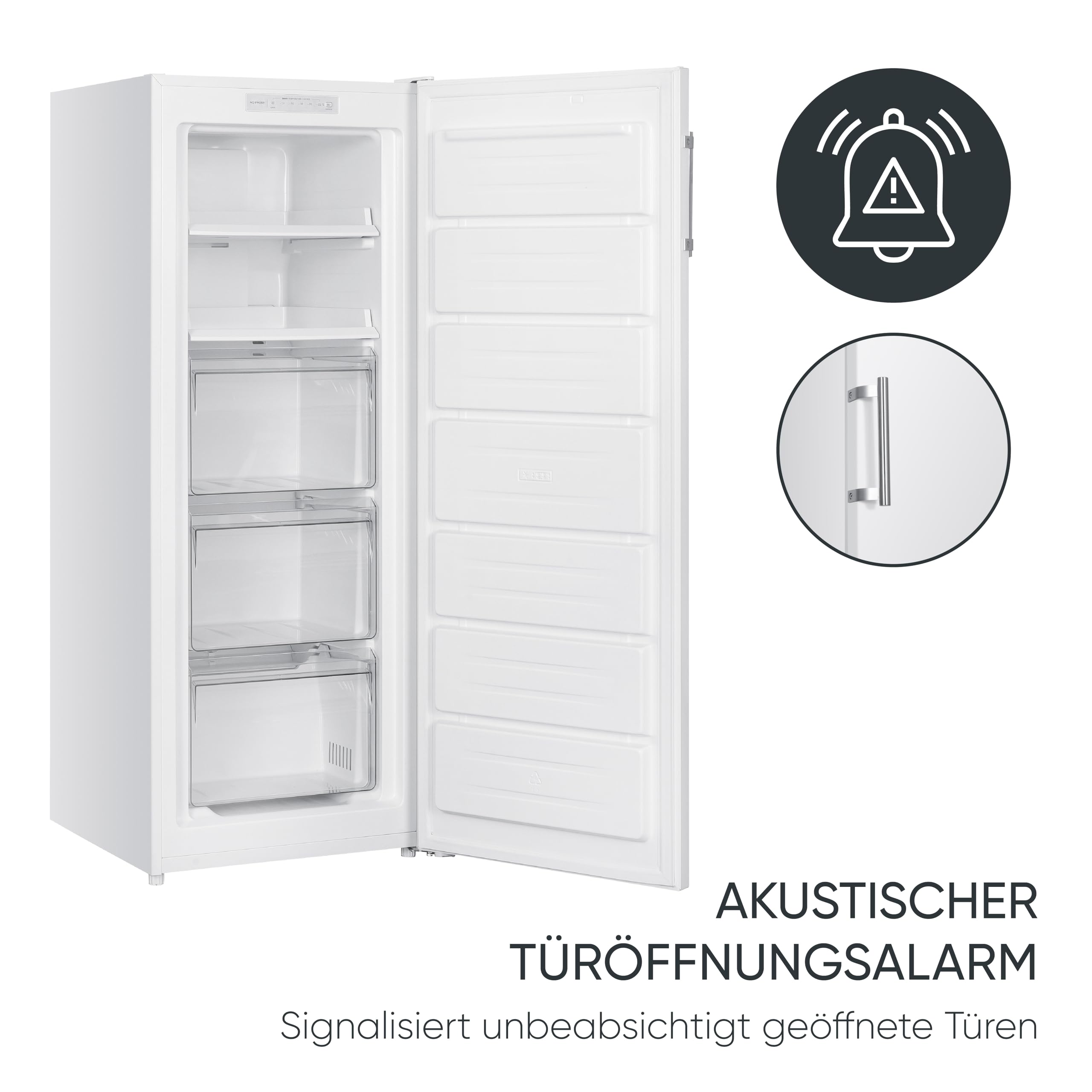 Severin Gefrierschrank mit 4 Sterne Gefrierfach, Tiefkühlschrank mit No-Frost-Technologie, Schnellgefrierfunktion, Türöffnungsalarm, 161 L Nutzinhalt, nur 39 dB, weiß, GS 8868 (EEK C)