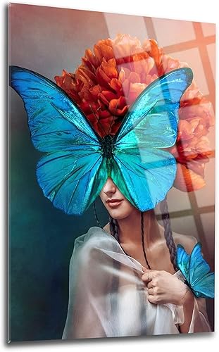 Arte de pared de vidrio con temática de mujeres y mariposas, decoración de pared para el hogar, sala de estar, entrada, dormitorio, color vivo