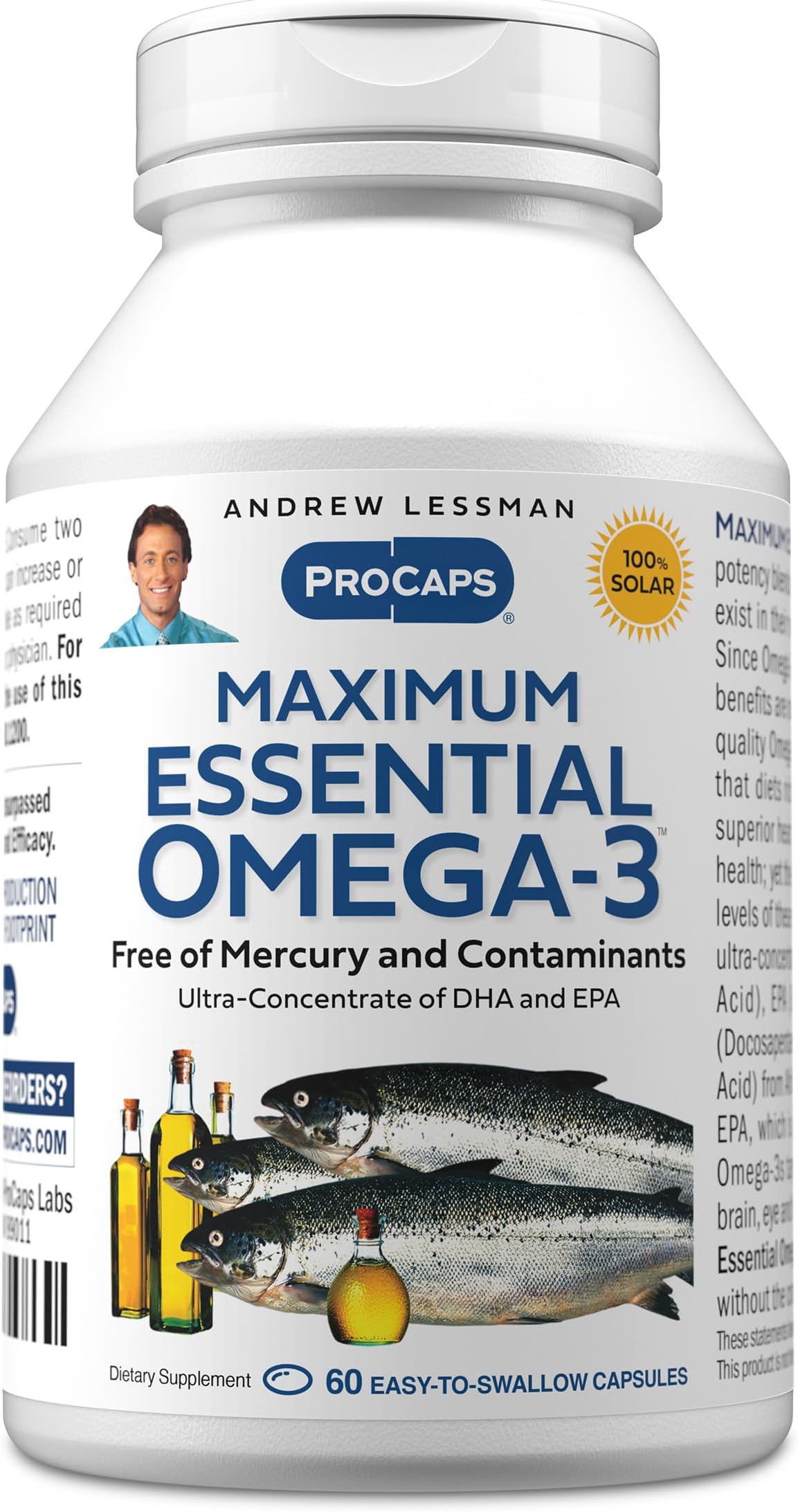 ANDREW LESSMAN Maximum Essential Omega-3 Unflavored, 60 Softgels - Ultra-Pure Omega-3 Fish Oil 1200 mg-High DHA, No Mercury Supplement-Small, Easy to Swallow Fish Oil Capsules