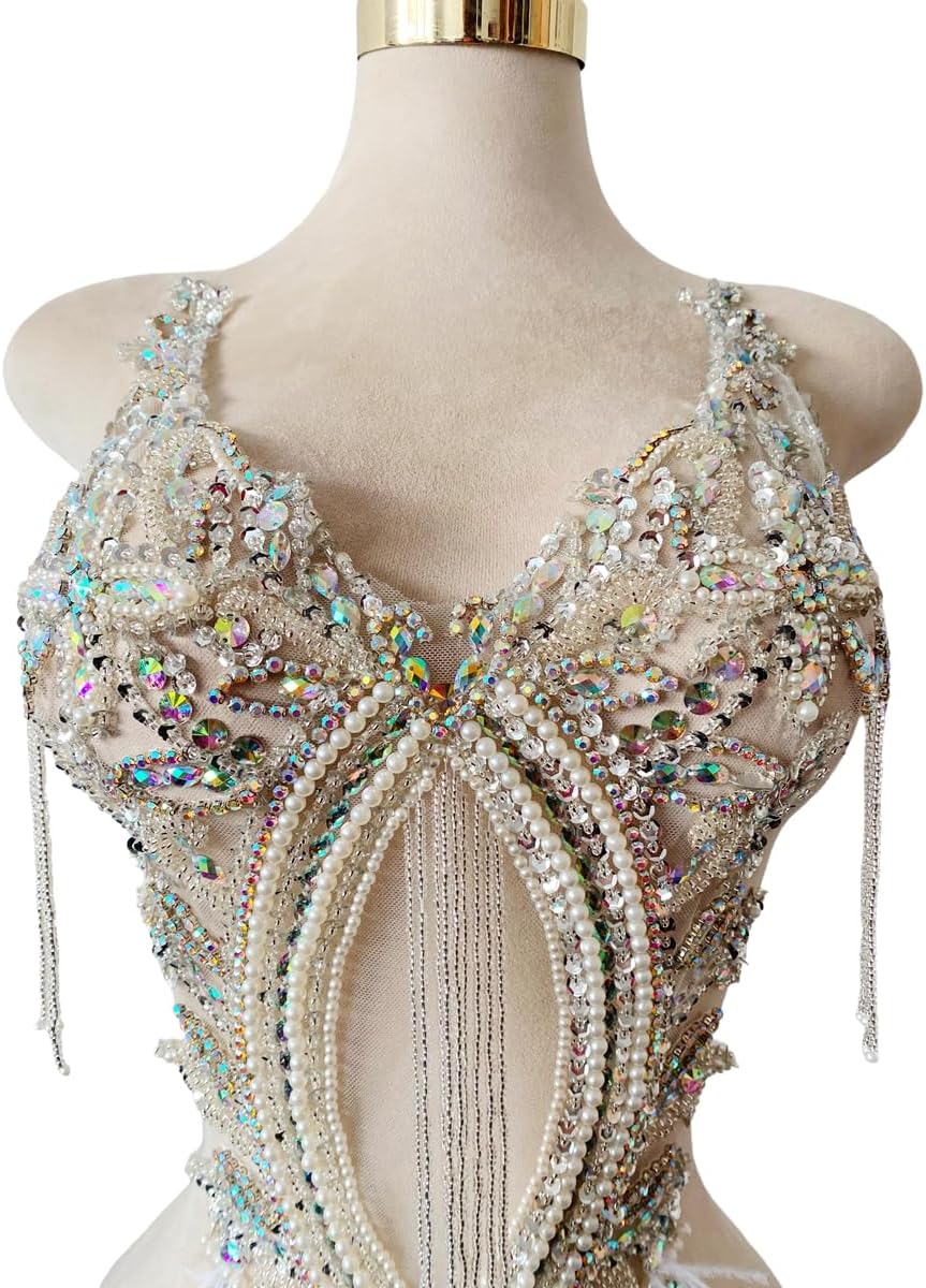 Luxurious Rhinestone Beaded Applique with Ostrich Feather Trims are Suitable for Evening Gowns and Special Occasion Clothing (Clear AB)