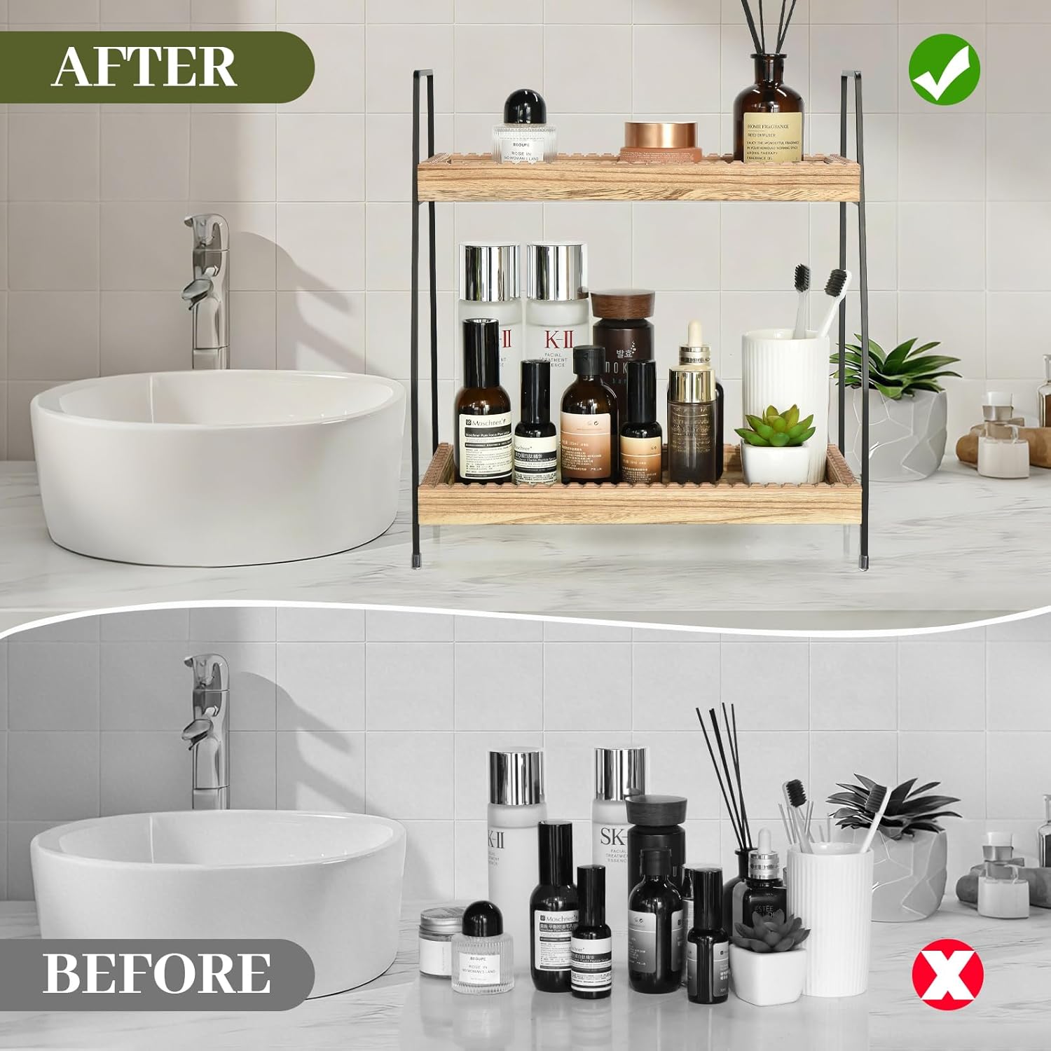 2 Tier Bathroom Countertop Organizer, Unique Slotted Edge Bathroom Organizers and Storage, Wood Counter Shelf for Storage, Countertop Organizer for Bathroom, Coffee, Kitchen