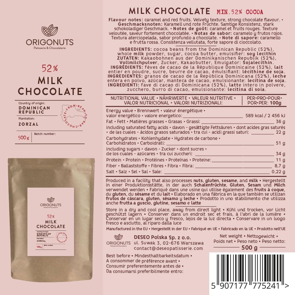 ORIGONUTS, Pepites de Chocolat au Lait à Fondre - Facile à Doser et à Dissoudre - Base pour Gâteau, Creme, Dessertes, Glace, Patisserie - Chocolat de Dubai - Dominicaine 52%, 500g