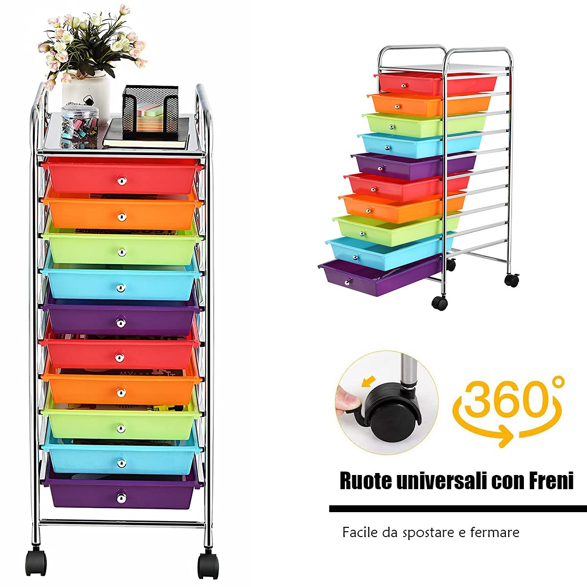 RELAX4LIFE Cassettiera con Ruote, Carrellino Salvaspazio con 10 Cassetti,Trasparente e Bianco,per Casa,86 x 37 x 32,5 cm (multicolore)