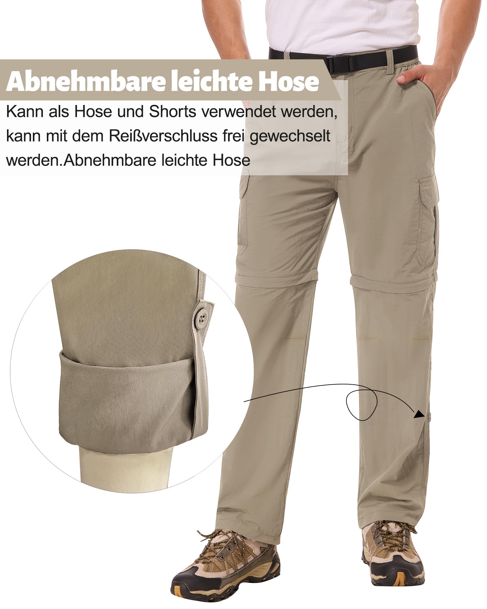 Wanderhose Herren Zip Off Sommer, Abnehmbar Trekkinghose Outdoorhose mit 5 Taschen, Atmungsaktiv Schnell Arbeit Hosen Trockend Funktionshose Softshellhos（Empfohlen: eine Größe größer wählen）