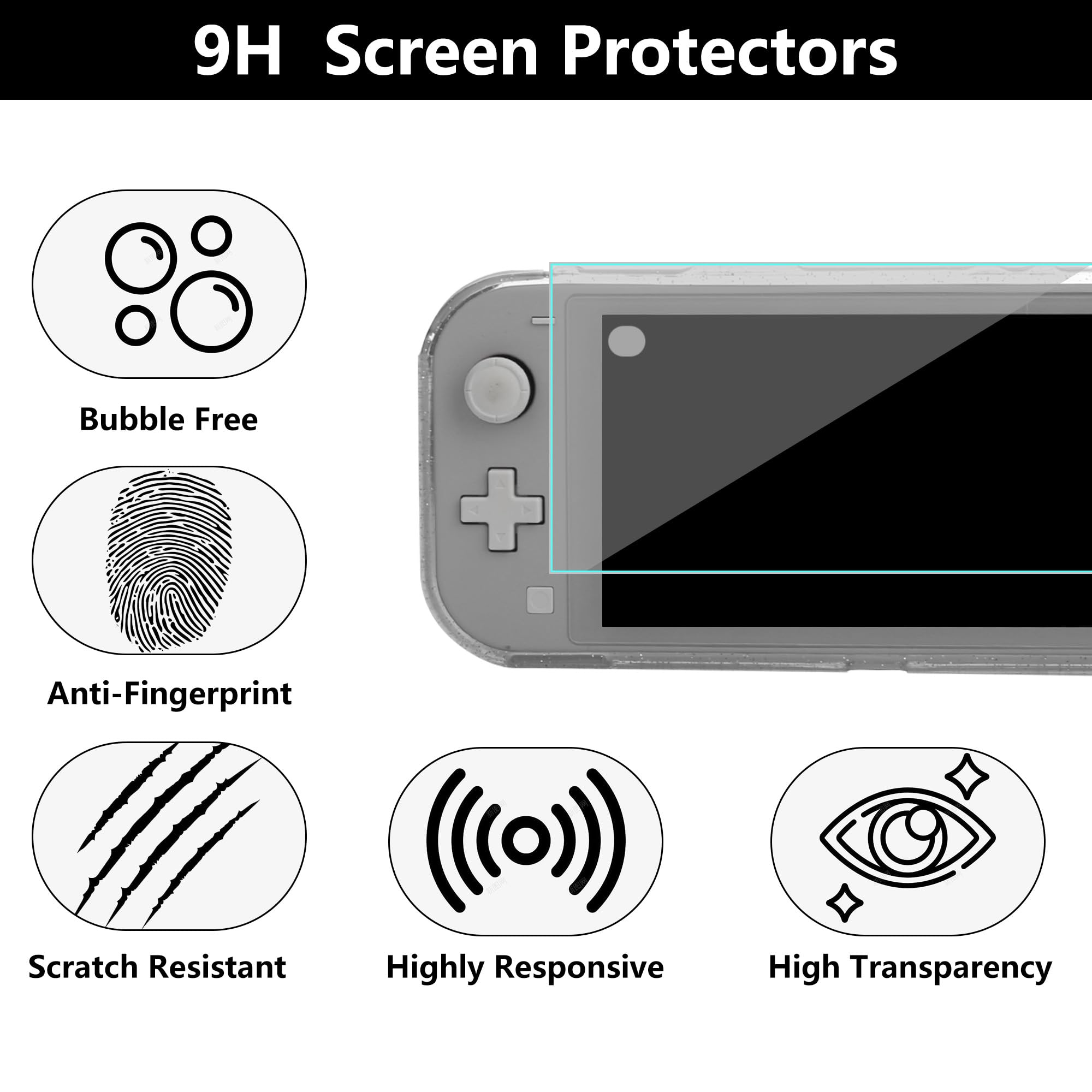 GLDRAM Étui de transport noir pour Nintendo Switch Lite, étui de voyage portable avec 8 emplacements pour cartes de jeu, kit d'accessoires 4 en 1 avec coque de protection transparente en TPU pailleté