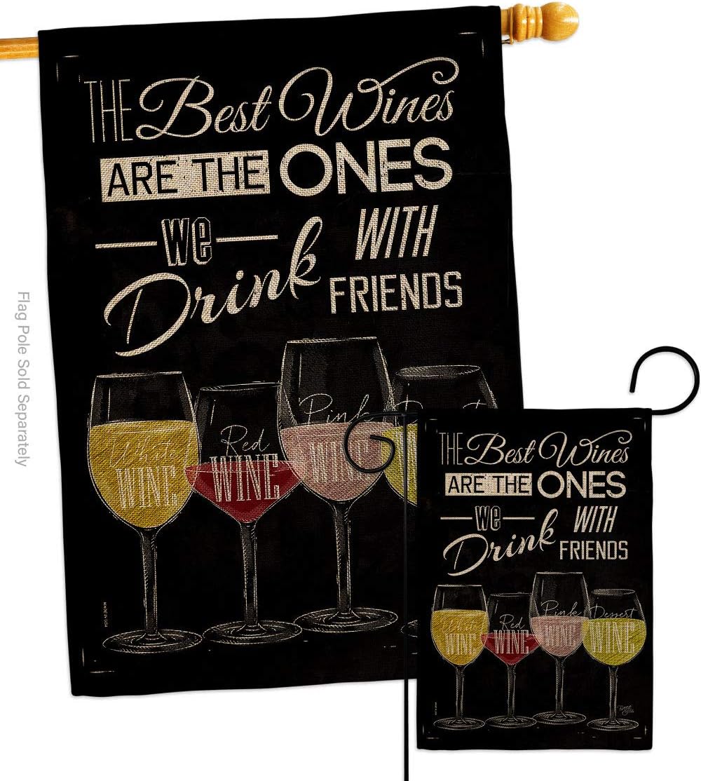 Breeze Decor Best Wine with Friends Burlap Garden House Flag-Set Beverages Drink Fruits Cheese Sangria White Red Rose Dessert Sparkling Decoration Banner Small Yard Gift Double-Sided, Made in USA