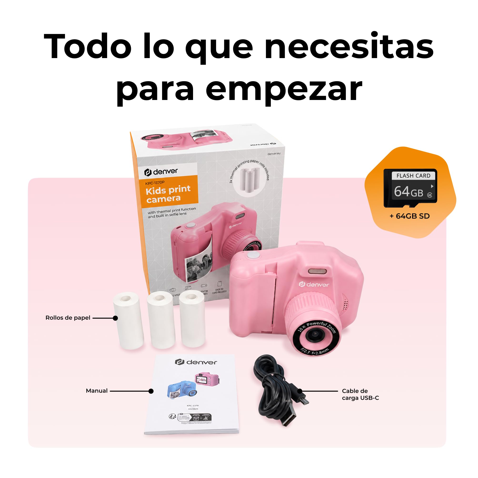 Denver KPC-1370 Cámara Infantil con impresión térmica Rosa, Pantalla 2,8”, vídeo 1440p interpolado, 3 Rollos incluidos