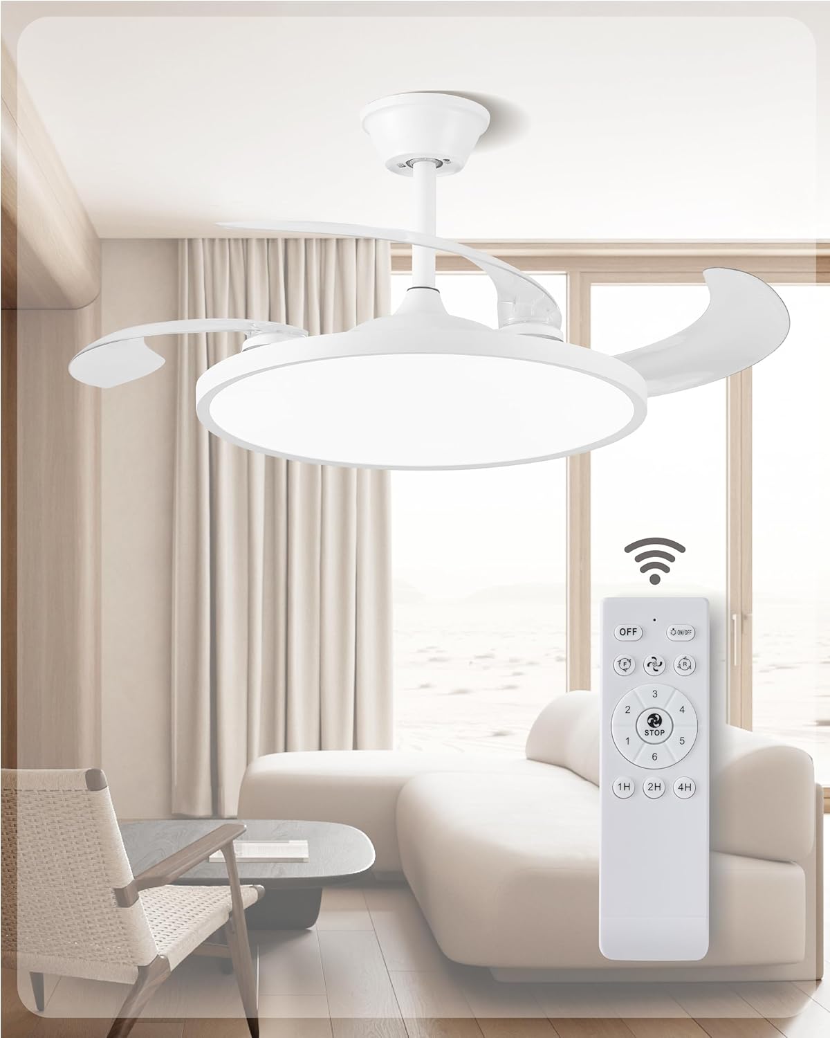 Retractable Ceiling Fans with Lights,42 inch Ceiling Fan with Light and Remote Control,Flush Mount,DC Reversible,3CCT,Low Noise,White Ceiling Fan for Bedroom,Living Room,Kitchen,Indoor Use 42Inch