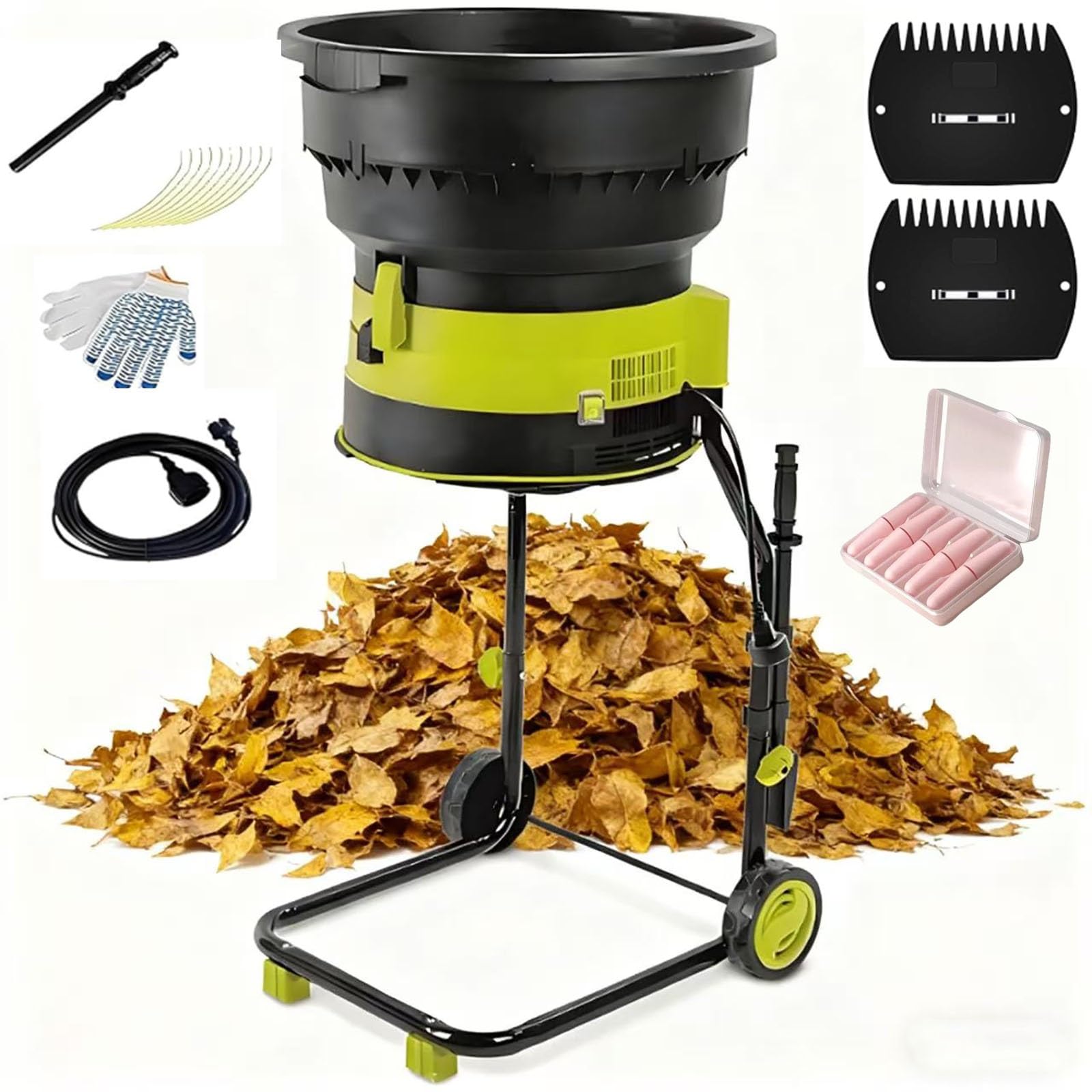 Trituradora eléctrica de jardín con ruedas y bolsa de almacenamiento para limpieza de patio y mantillo de hojas