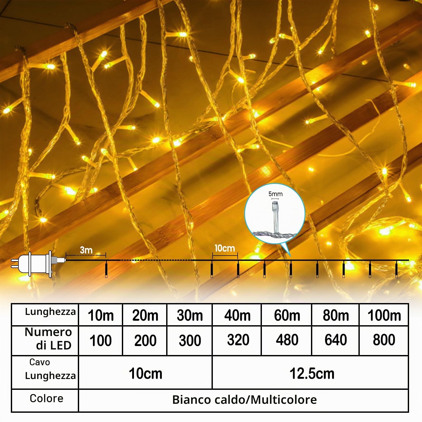 Catena luminosa esterno 100m 800LED catena luminosa albero di natale alimentato (31V) con timer, memoria, 8 modalità, IP44 impermeabile per di Natale Halloweendi Pasqua, bianco caldo