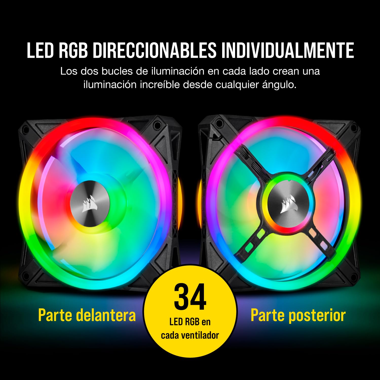 Corsair iCUE QL120 RGB, Ventilador LED RGB de 120 mm, Direccionables Individualmente, De Hasta 1500 RPM, Silencioso, Amortiguadores Antivibraciones, Paquete Triple con Lighting Node CORE, Negro