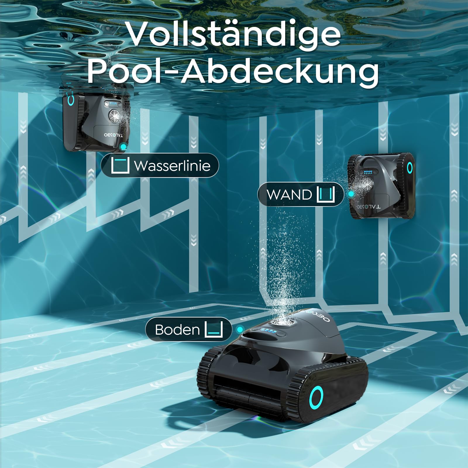 C1 Poolroboter Akku Boden und Wand, Wasserlinie, Doppelfilter, 7 Reinigungsmodi, 180 Minuten Laufzeit, Poolreiniger mit App, Starker Poolsuager Akku für Pools bis zu 150 m²