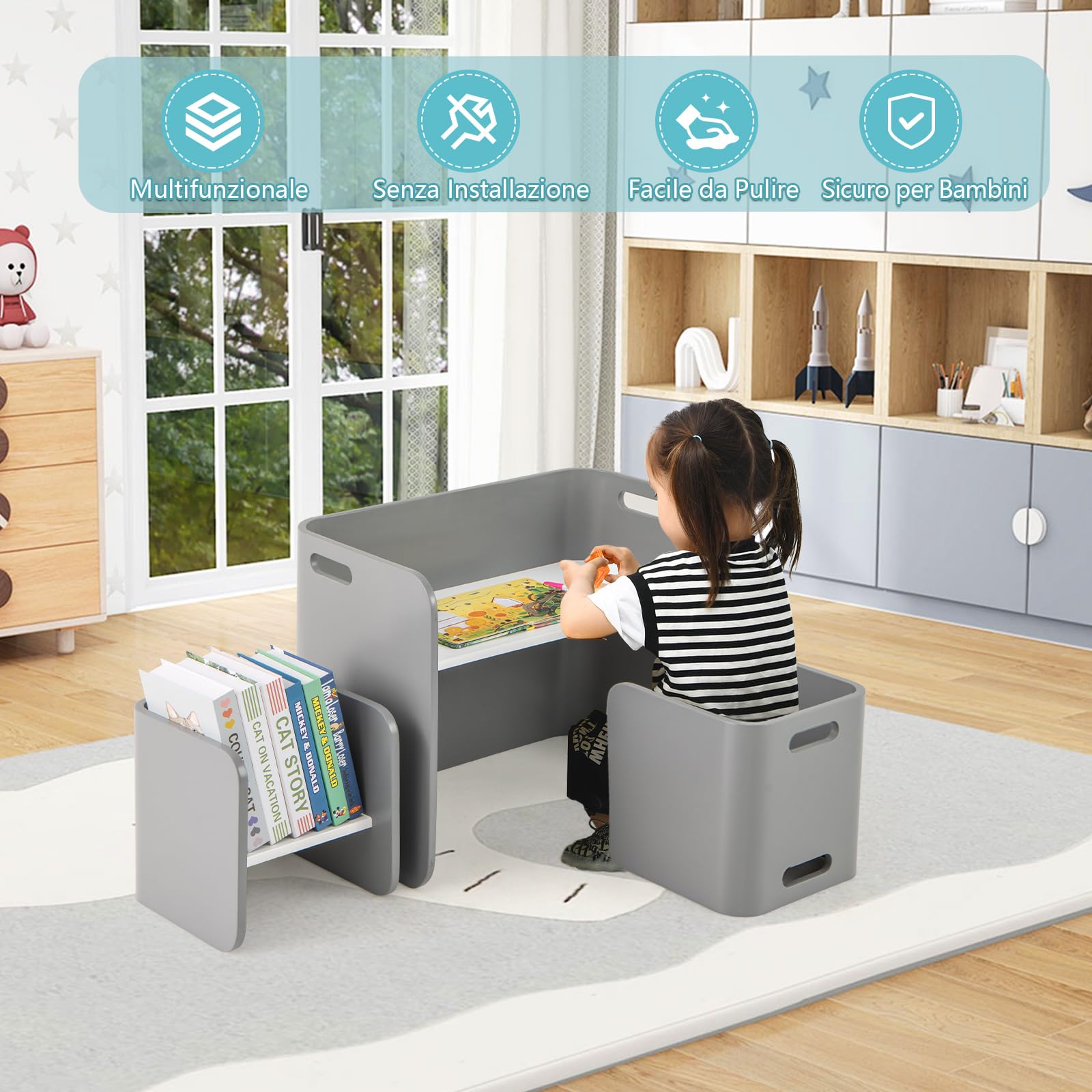 COSTWAY Set Tavolo e 2 Sedie per Bambini 2-9 Anni, Set Multiuso in Legno di Faggio con Maniglie Ergonomiche, Design Salvaspazio, Senza Montaggio, Portata 100 kg (Grigio)