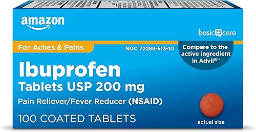 Amazon Basic Care Tabletas de ibuprofeno de 200 mg, analgésico/reductor de fiebre, 100 unidades (el embalaje puede variar)
