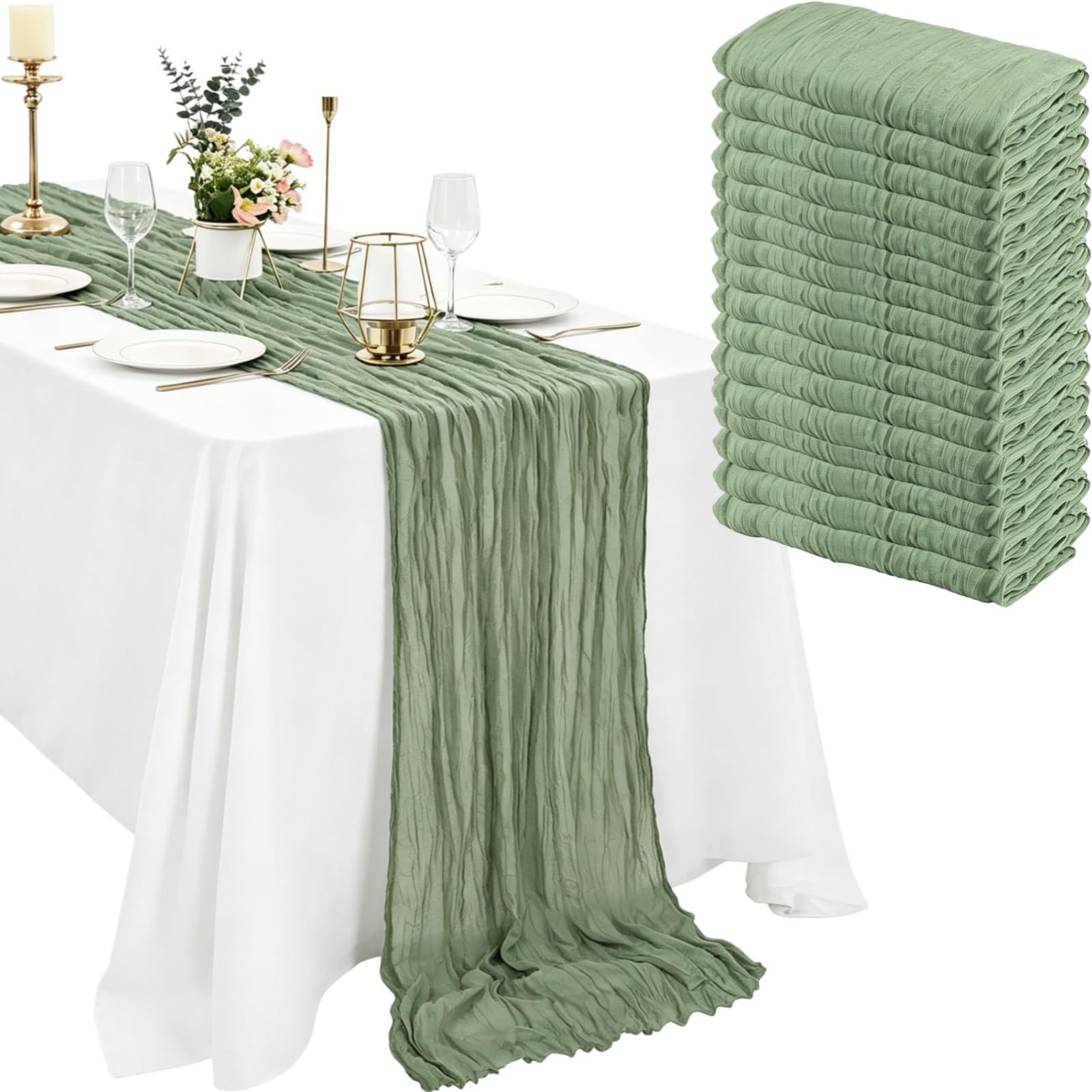 Photo 1 of 16 Pack Sage Green Cheesecloth Table Runner 10FT Boho Gauze Cheese Cloth Table Runner Long Rustic Sheer Table Runners for Wedding Bridal Baby Shower Birthday Party Table Decorations