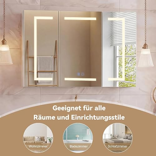 PerGar Armoire miroir LED de salle de bain avec éclairage, 3 portes, armoire miroir de salle de bain avec anti-buée et étagère réglable, 3 températures de couleur à intensité variable, design moderne - 3