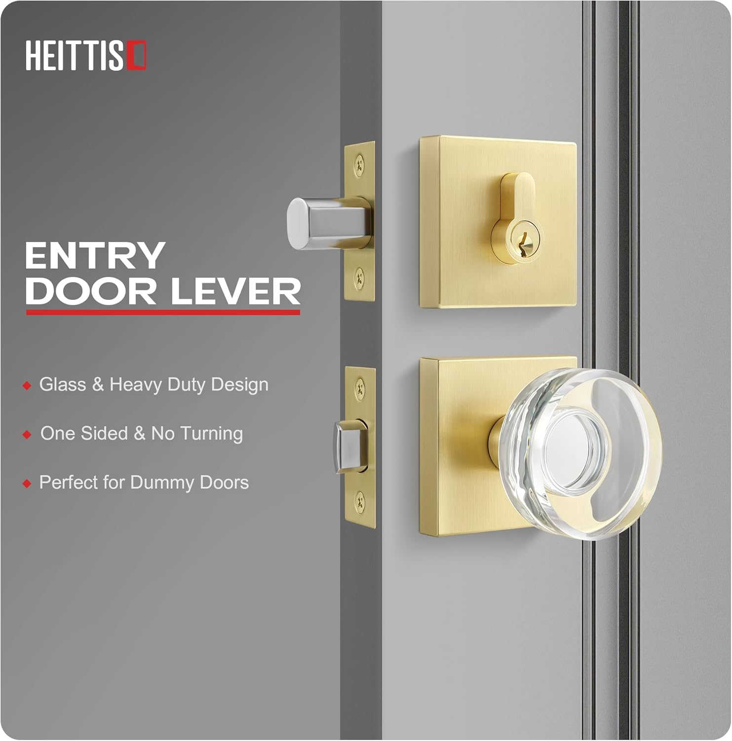 1 Pack Brass Combo Sets,Gold Crystal Door Knobs Interior,Modern Glass Door Knob with Single Cylinder Deadbolt,Satin Brass Finished