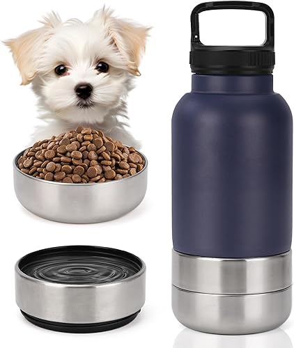 Miniatura 8 de Botella de agua de viaje para perros, botella de agua de acero inoxidable 3 en 1 aislada para perros, dispensador de viaje portátil con 2 cuencos