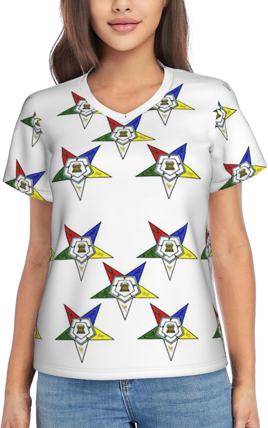 Womens Stars Eastern Stars Print Short Sleeve V Neck T-Shirts Casual Breathable Tee Basic Summer Tops 2026