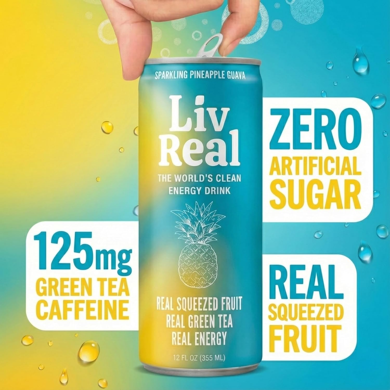 LivReal Clean Energy Drink – Organic Green Tea Caffeine 125mg + L-Theanine 100mg – Real Fruit, No Sweeteners or Flavorings – Vitamin C & B Complex – Sparkling Pineapple Guava Water – 12 Pack, 12 fl oz