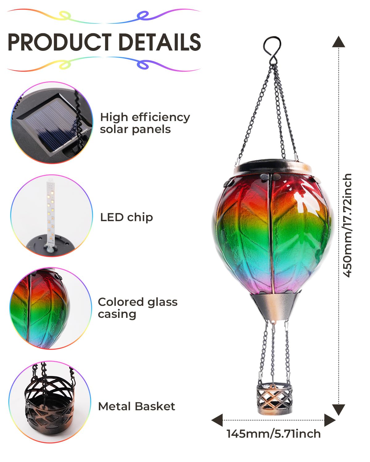 Klarlight Lanterna solare a forma di mongolfiera, 45 cm, da appendere, con effetto vetro arcobaleno, impermeabile, ad energia solare, accensione e spegnimento automatico, per giardino, patio, cortile