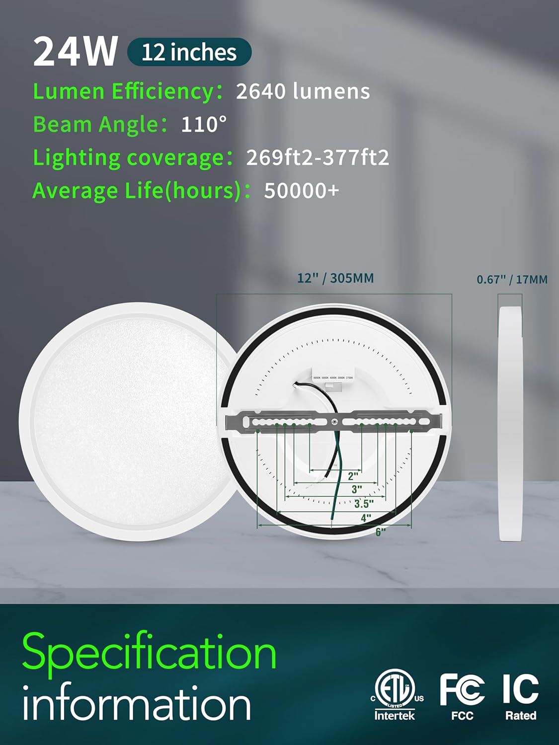 zouzai 3rd Gen Fireproof LED Flush Mount Ceiling Light, Dimmable 5CCT 2700K-6000K, 12 Inch 24W Ultra-Thin Round Lighting Fixture for Bedroom, lving Room, Bathroom, Kitchen, ETL Listed(12 inch 1 Pack)