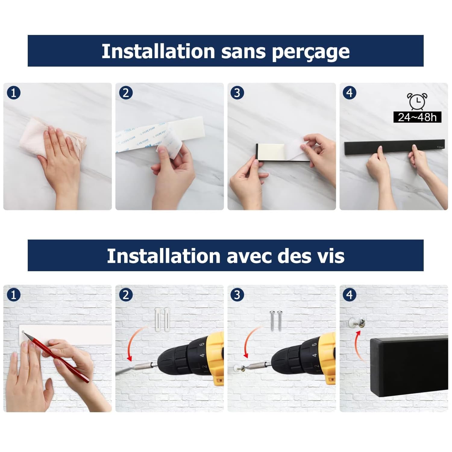 Porte Couteaux Aimanté Dmore avec 3 crochets, Range outeaux noire de 40 cm sans perçage, Extra-Fort aimant couteau, installation facultative avec bande adhésive ou vis pour une cuisine bien rangée