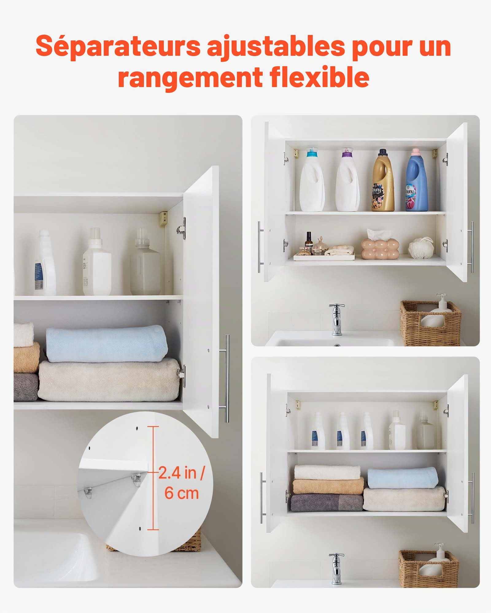 VEVOR Armoire Murale de buanderie à 2 Niveaux, Placard de Rangement Suspendu avec étagère réglable, Meuble de Rangement avec 2 Portes, pour Cuisine, Garage, Salle de Bain, 40,6 x 81,3 x 61 cm, Blanc