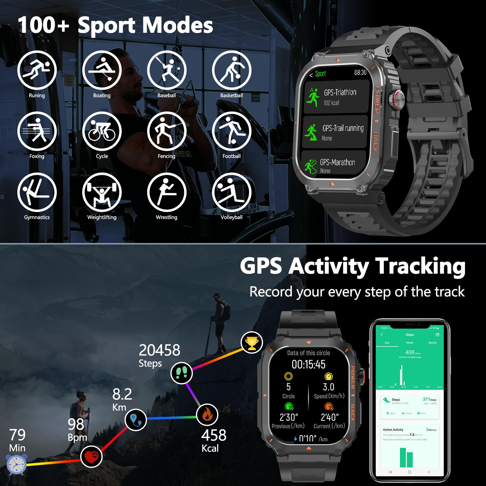 Militär-Smartwatch mit GPS (Annehmen/Tätigen von Anrufen), wasserdichte Fitness-Tracker-Smartwatches mit Gesundheitsmonitor, Kompass/Höhe/Luftdruck, über 100 Sportmodi, für Android/iPhone (mit GPS,