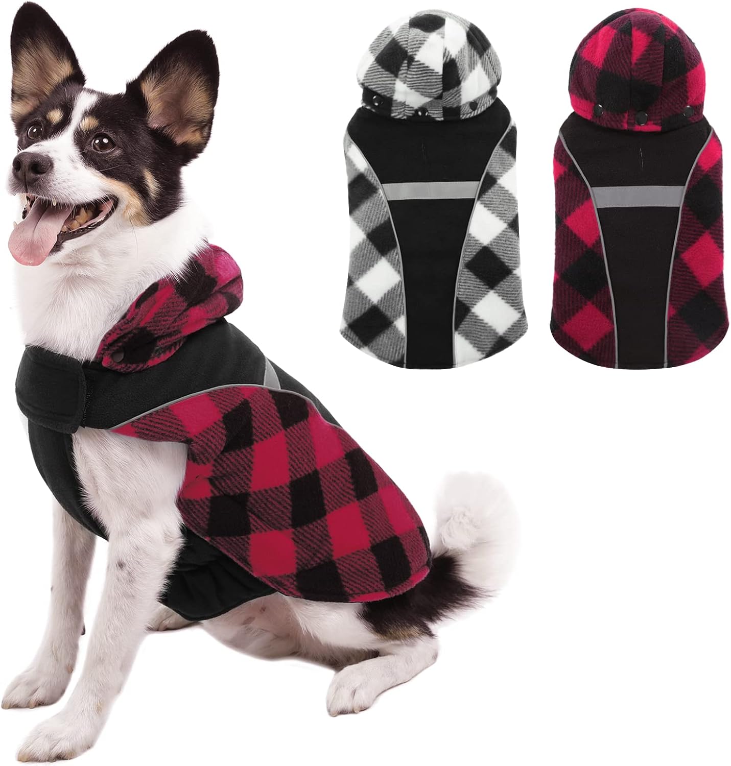Zuozee Plaid Dog Coat,Extra Warm Fleece Dog Jacket with Harnesses,Reversible & Adjustable Winter Dog Hoodie with Detachable Hat for…