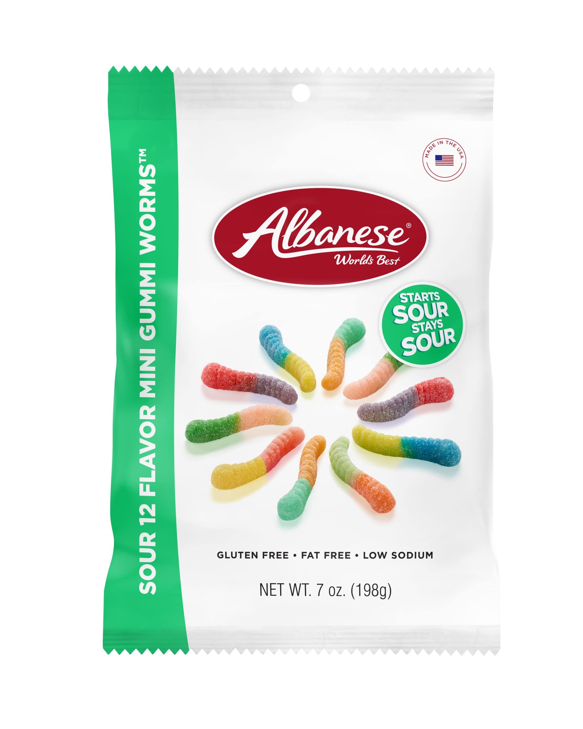 Albanese World's Best Sour 12 Flavor Mini Gummi Worms | 7oz Bag of Candy, Pack of 12 | 12 Unique Super Sour Flavors, Gluten Free, Fat Free, Soft &