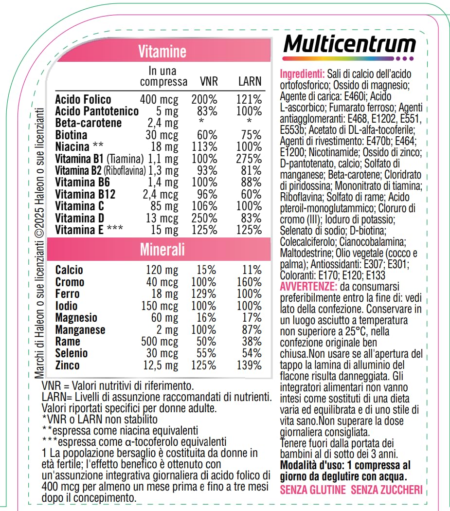 Multicentrum Pre-Mamma Integratore Alimentare Multivitaminico Completo con Acido Folico per le Donne che stanno Programmando una Gravidanza, 30 compresse