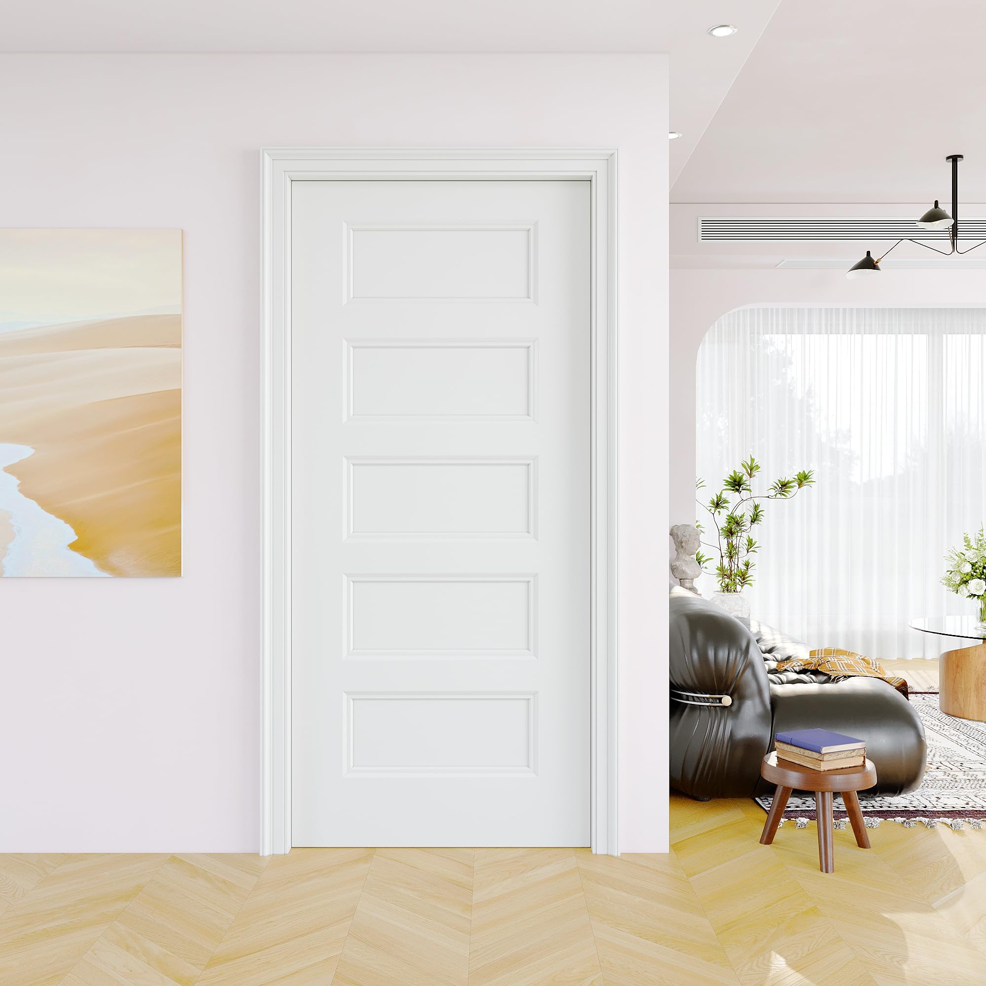 36"x80" 5-panel white primed hollow core interior molded door slab, w/o hardware or borehole, interior door for pantry doors,bedroom doors, laundry room, closet panel, french style