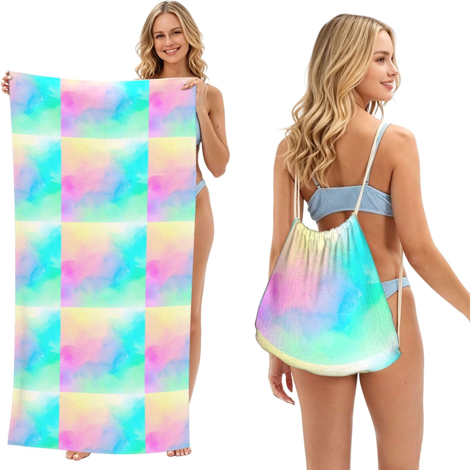 Poadnly As Picture Colorful Pastel Drawing Paper Rainbow, 2 In 1 Packable Towel Bag, Beach Towels With Drawstring Backpack For Travel Holiday Camping