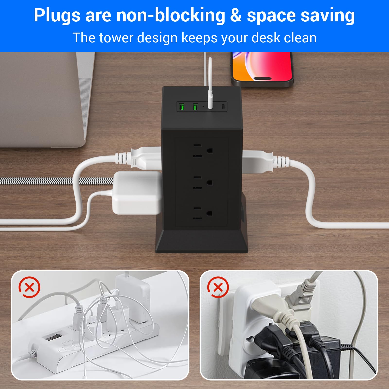 Wieża zasilająca z wieloma gniazdami, przedłużka 5 m, płaska wtyczka z 12 gniazdami AC, 4 porty USB (2 USB C), ochrona przed przepięciem