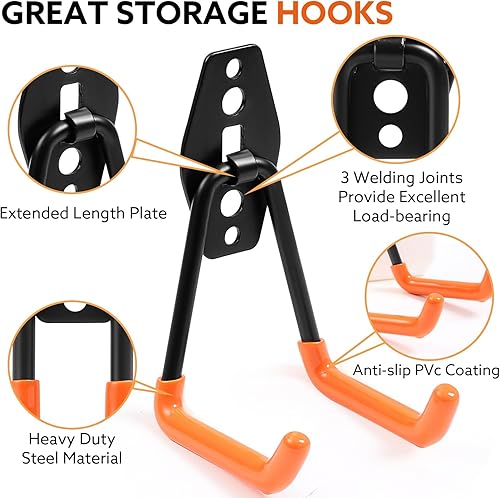 Miniatura 4 de Paquete de 12 ganchos de garaje dobles resistentes con 2 correas de almacenamiento de cable de extensión, regalos para papá, regalos de herramientas