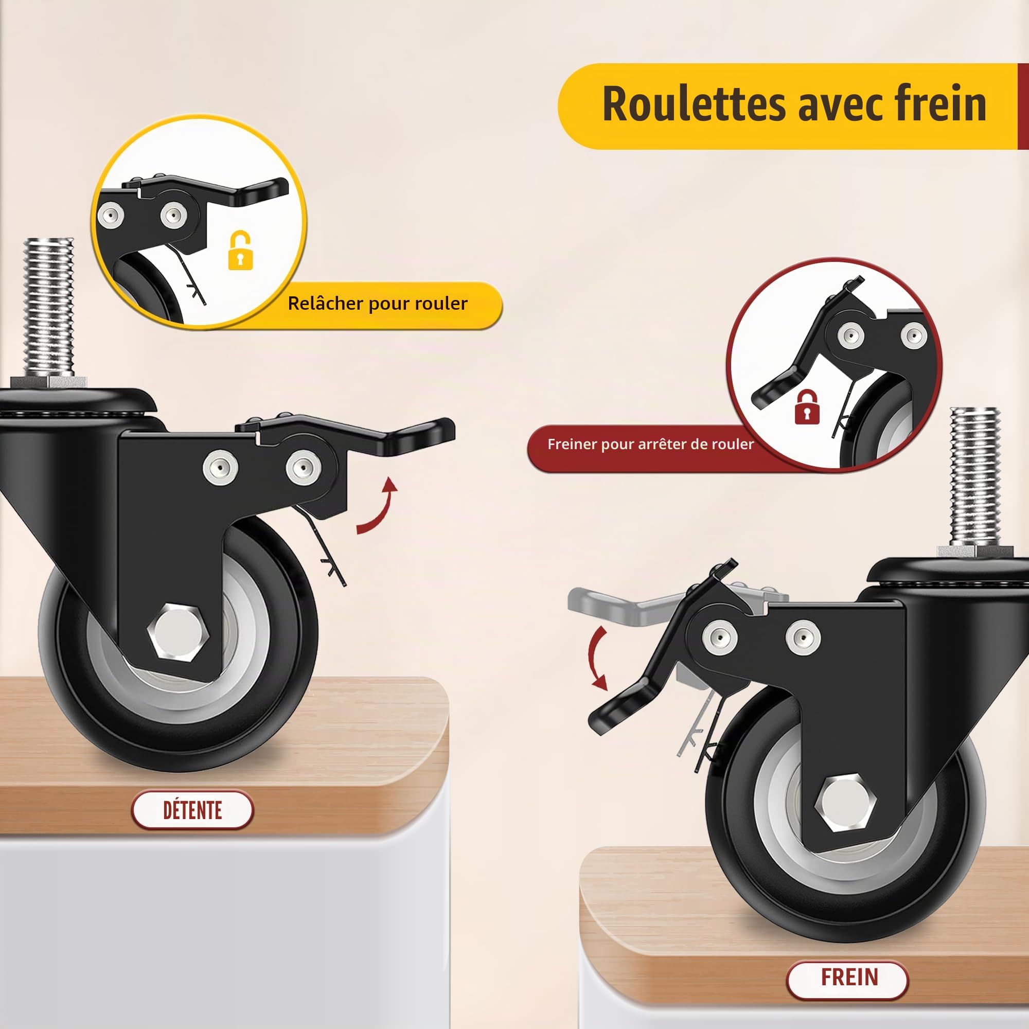HOLKIE Lot de 4 roulettes pivotantes à tige de verrouillage total de 50mm, M8 x 1.25 x 25mm(diamètre de la tige 8mm, longueur de la tige 25mm) Roulettes filetées avec freins Roulettes pivotantes Noir