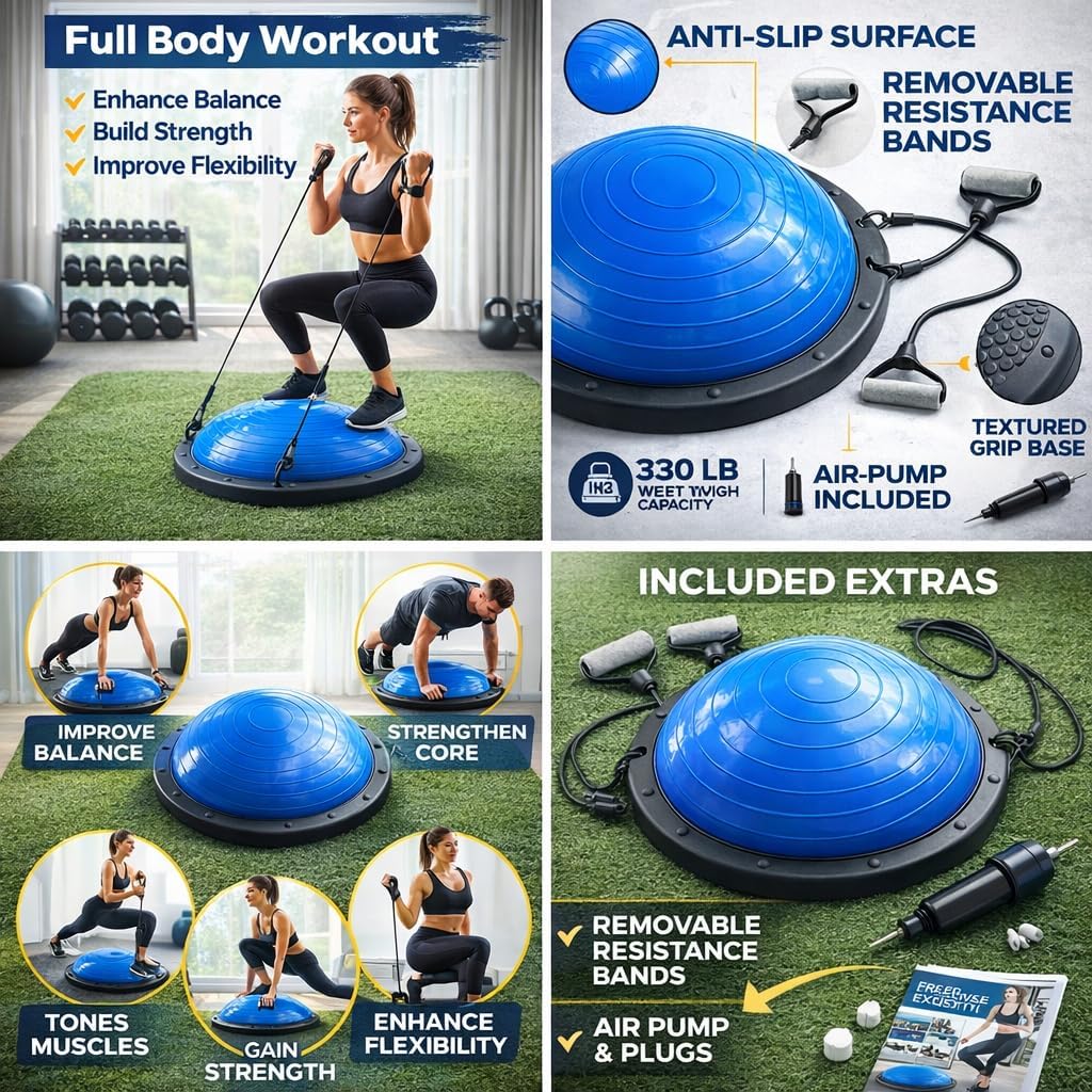 Balance Ball Trainer with Resistance Bands and Foot Pump, Inflatable Yoga Ball for Home Gym Workouts, 23 Inch Exercise Half Ball for Balance Training Core Strength Fitness More, 330lb Cap