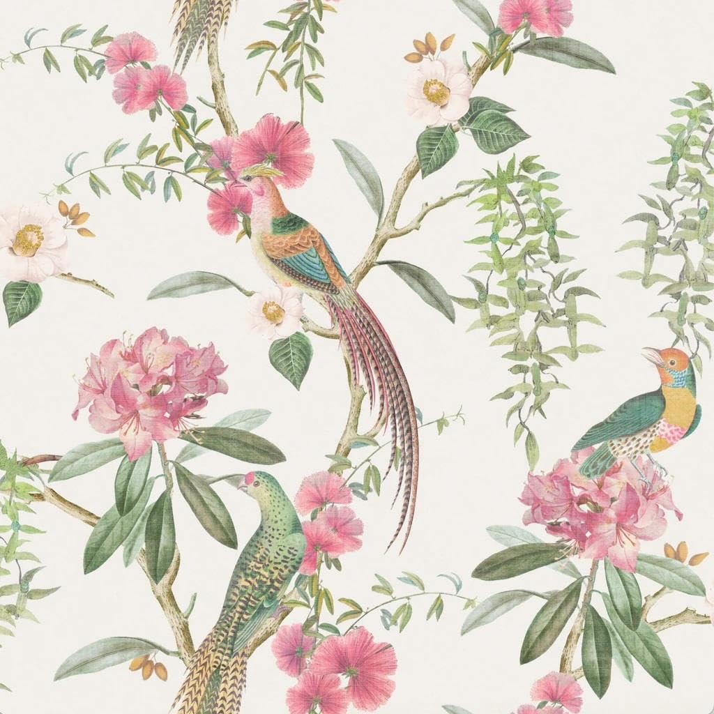 Yöl Pink, Green Exotic Garden Pink Green Wallpaper - Floral Flowers Leaves Birds Naturistic - Trendy Stylish Feature Wall