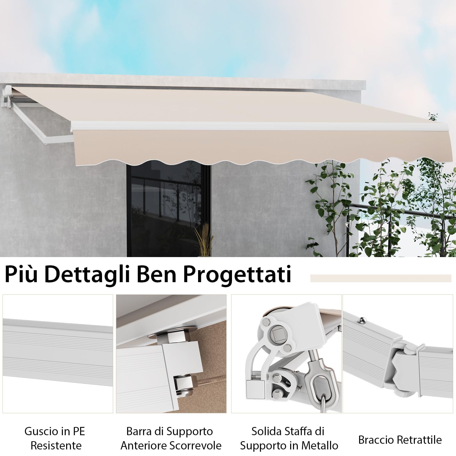 RELAX4LIFE Tenda da Sole 400x250cm Alluminio Angolazione Regolabile 5°-35° Impermeabile Balcone BEIGE