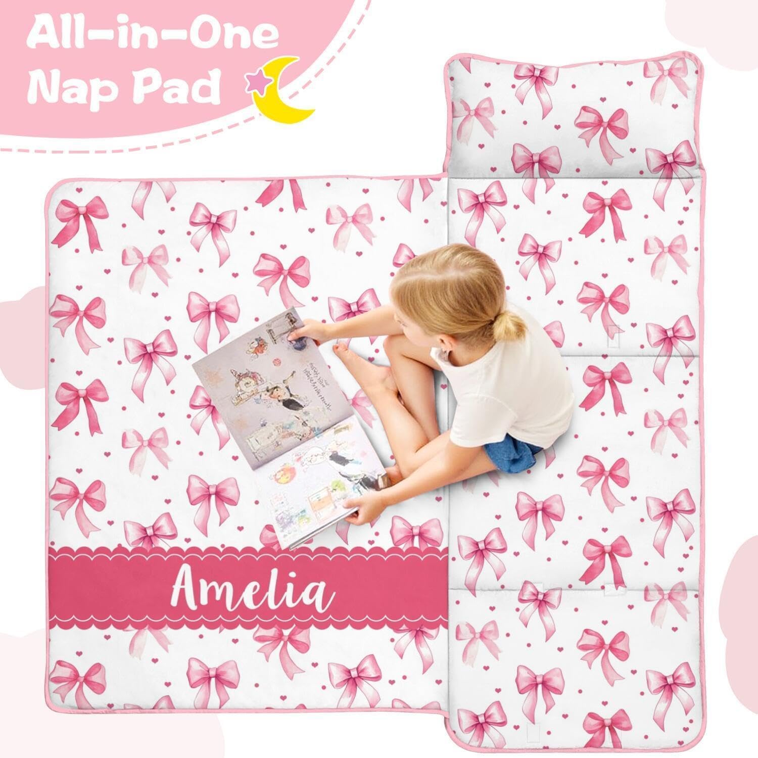 Personalized Bow Toddler Nap Mat for Girls, Customized Kids Sleeping Bag with Name for Preschool Daycare, Bowknot Toddlers Sleeping Mat with Removable Pillow and Blanke, Kid Roll Up Mat