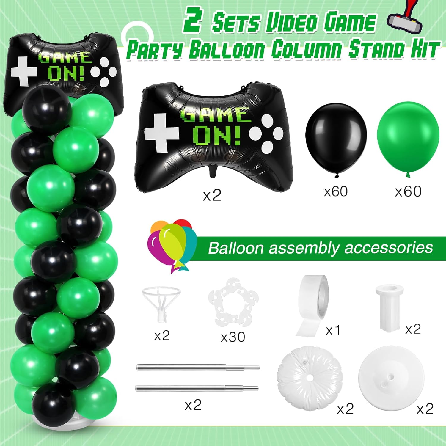 Soulchen 2 Set Video Game Balloon Column Stand Kit with Game Controller Foil Latex Balloons Adjustable Stands for Night Video Gaming Theme Birthday Party Decorations (Black Green)