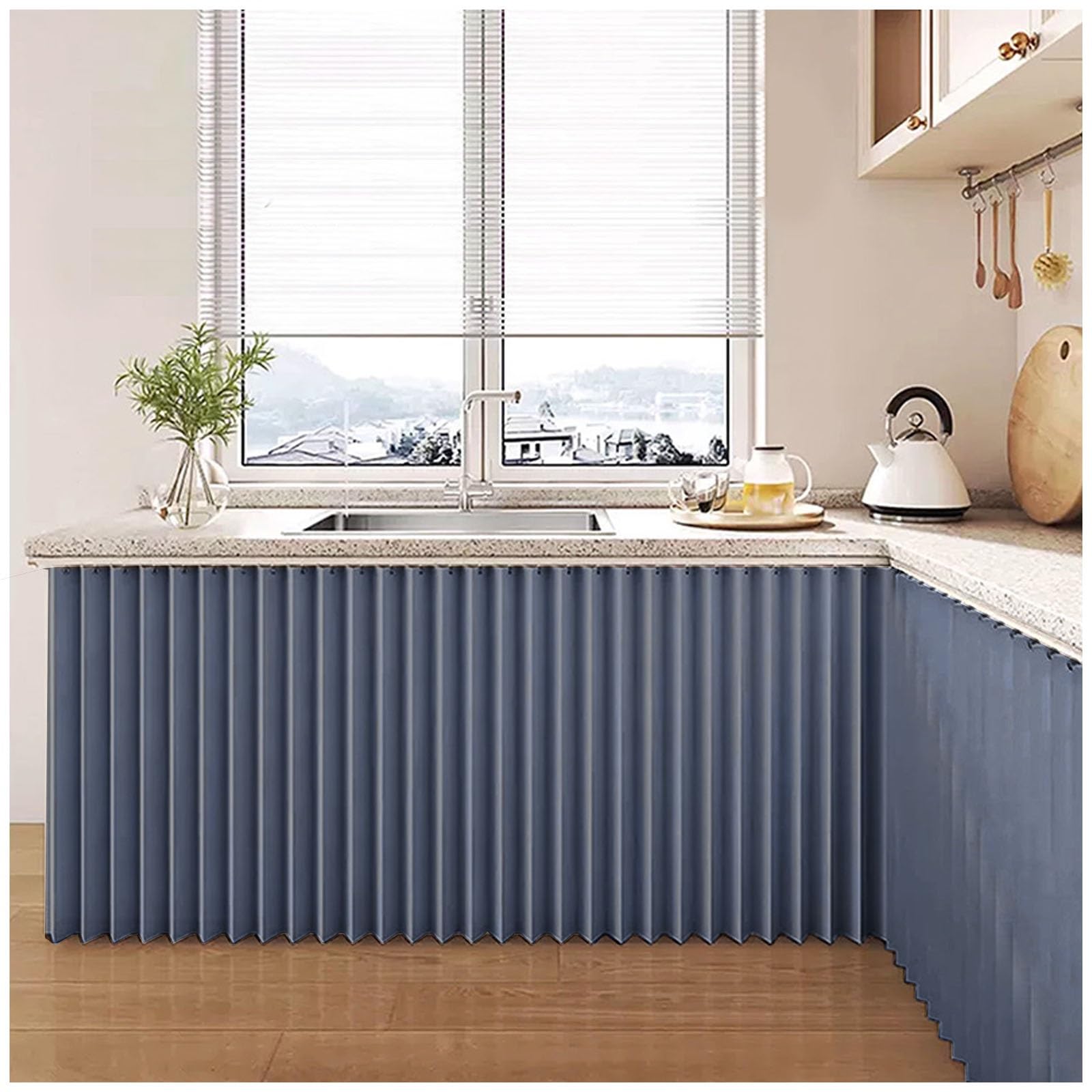 Cupboard Curtain Kitchen - Dustproof Blackout Waterproof Cafe Short Curtains with Self Adhesive Track, Under Sink/Counter Curtain, Kitchen Cabinet/Wardrobe/Washing Machine Curtains(Blue-2,70x40cm) — image 1