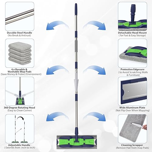 Miniatura 2 de Trapeadores de microfibra para limpieza de suelos de madera dura Fregona plana MEXERRIS con 4 almohadillas lavables con mango ajustable de 59