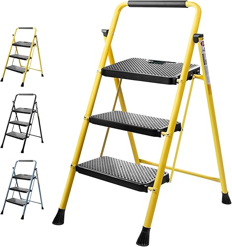 TICONN Escalera de 3 escalones, taburete plegable resistente, taburete plegable de acero portátil para almacenamiento de garaje doméstico (amarillo)