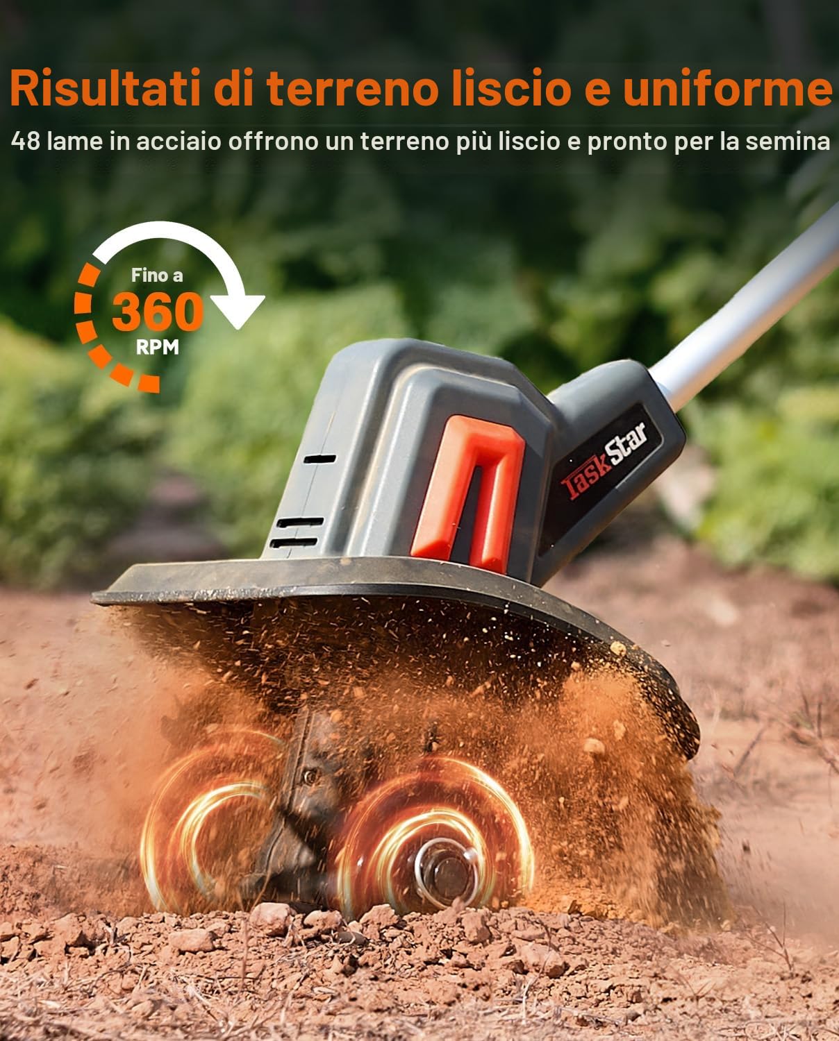 Motozappa A Batteria, Motozappa Elettrica con Batteria 4000 mAh, Coltivatore Elettrico 360 RPM con 48 Denti in Acciaio, Larghezza 25 cm e Profondità 18 cm, Ideale per Smuovere e Compostare