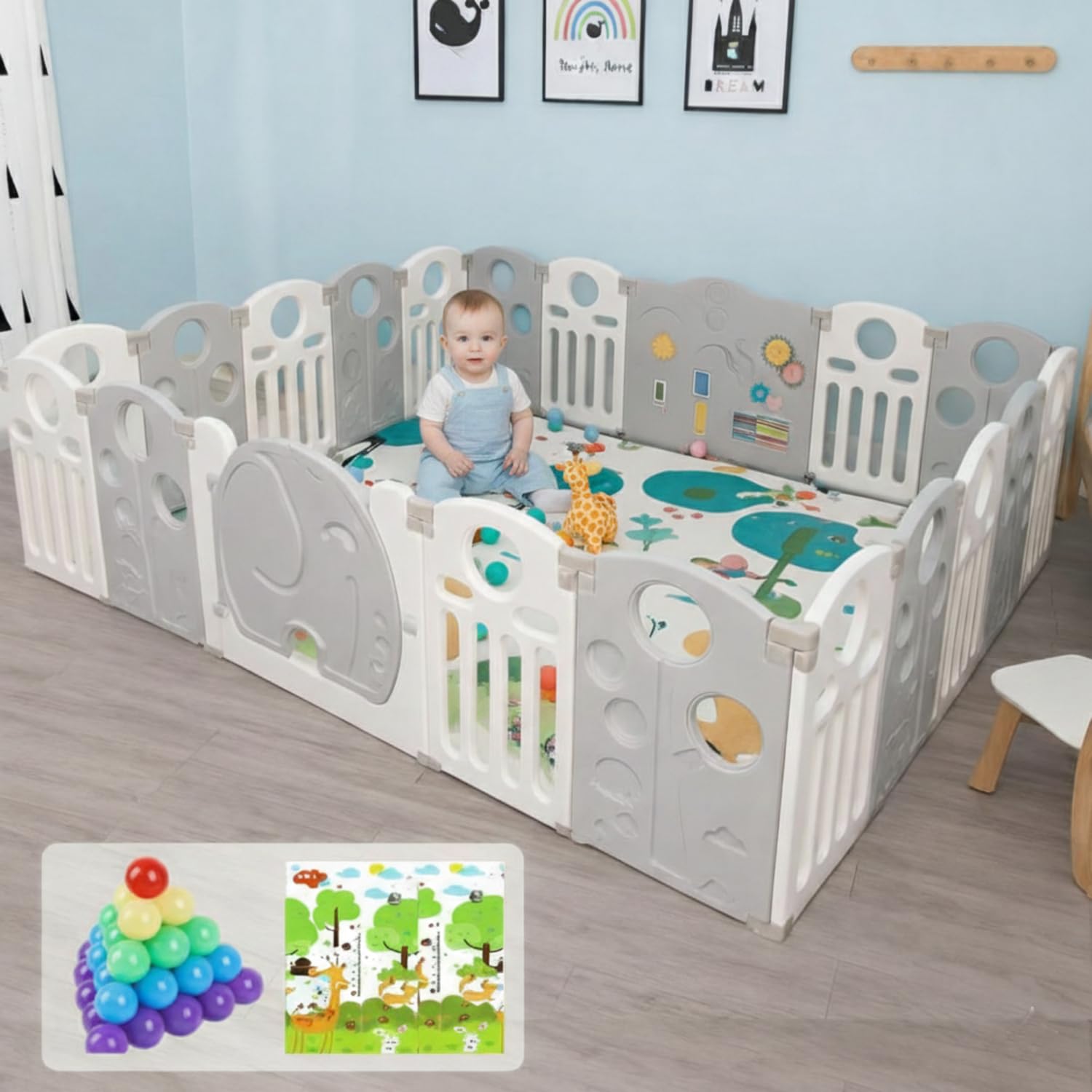 20 panel Playpen for Babies upto 5 year with Mat and Balls Foldable Baby Play Area Indoor Setup Play Yard Fence for Toddlers Kids Playarea Setup Outdoor Children Play Pen with Gate Baby Playpen (7* 6 ft=42 SQFT, Grey)