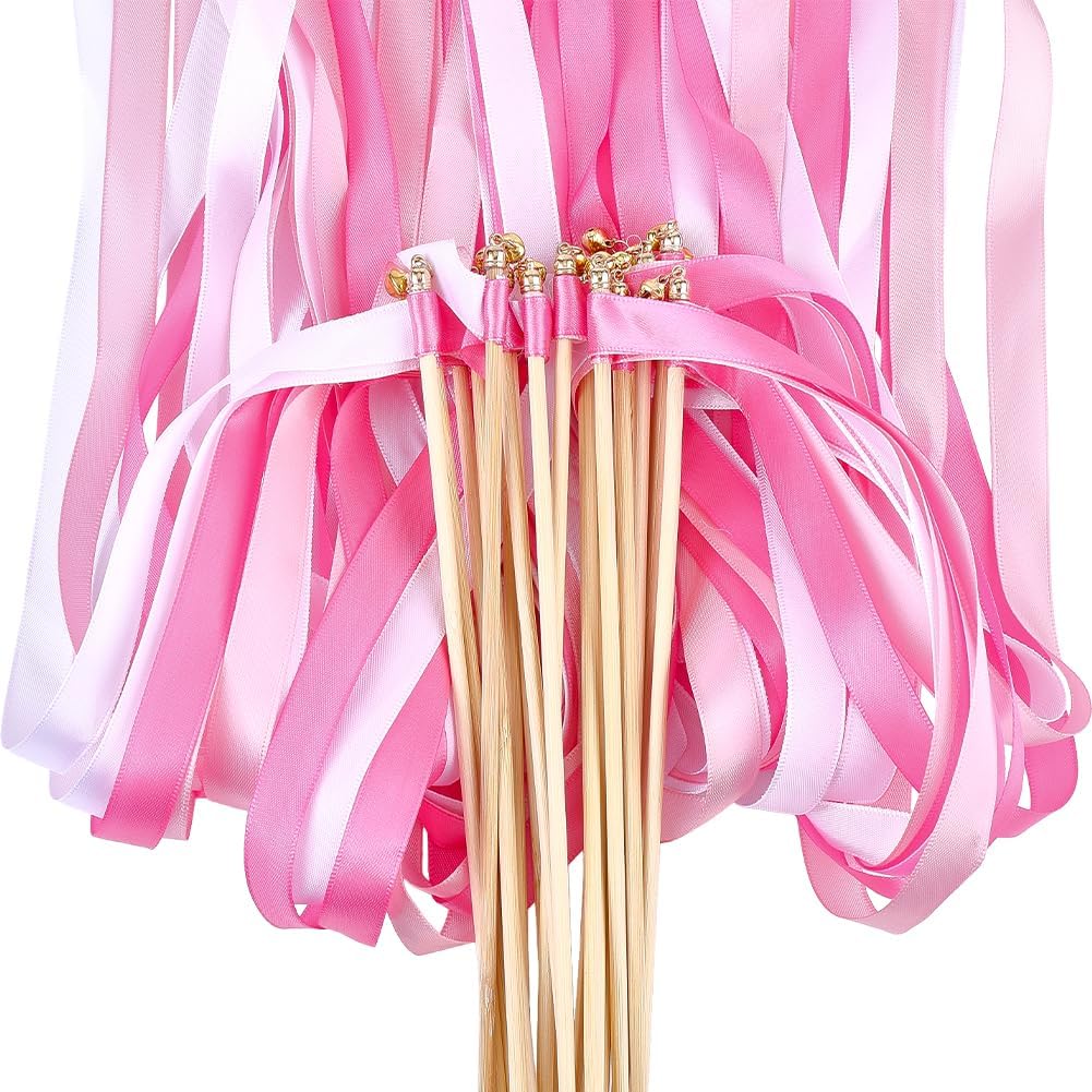 WADORN 50Pcs Ribbon Wedding Wand Streamers with Bells Set, Red Pink White Wedding Send Off Ribbon Streamers Sticks Silk Fairy Stick Wands for Party Holiday Activities Reception Celebration