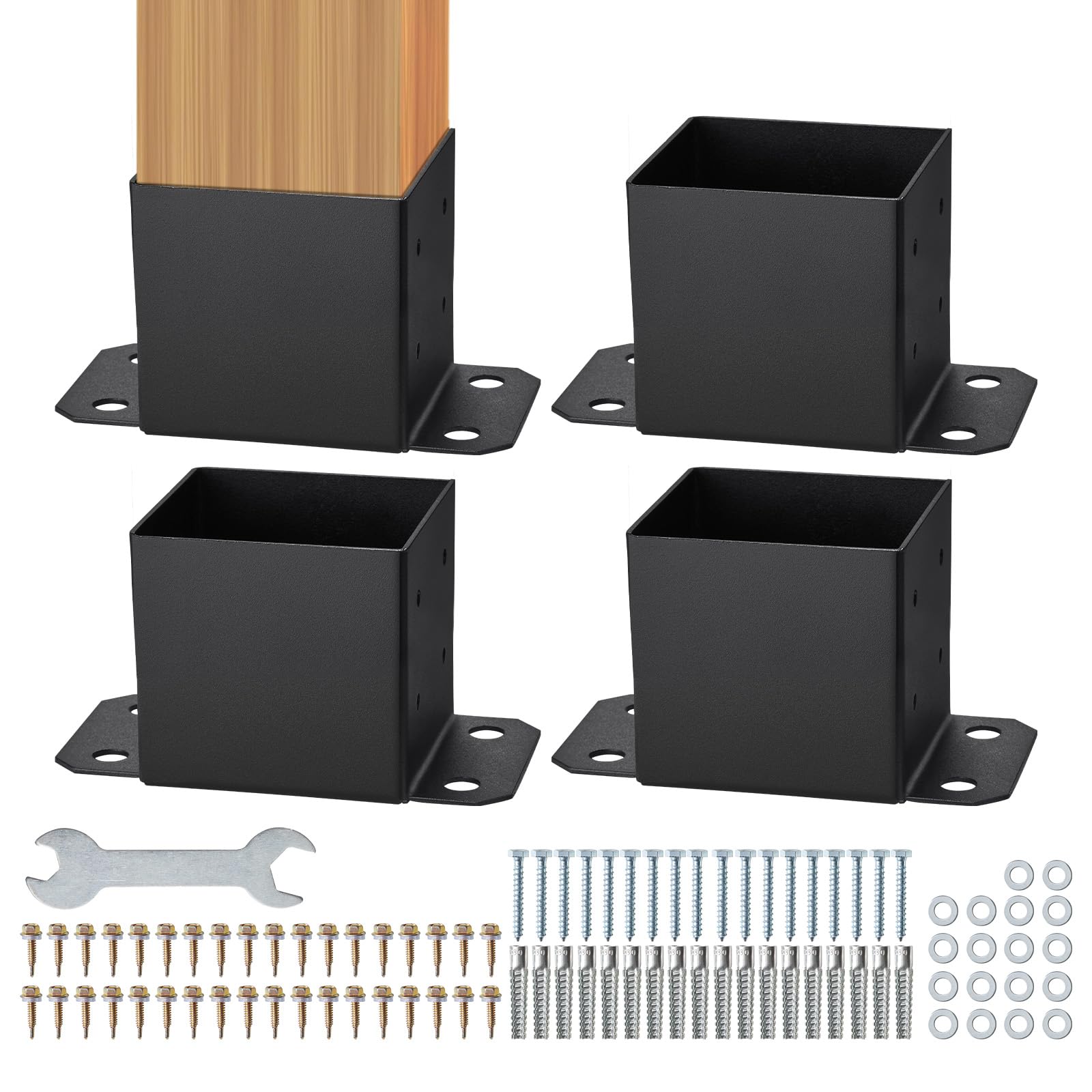 VEVOR 152.4x152.4 Post Base 4 Pcs, Inner Size 142x142 Post Base Brackets, Heavy Duty Powder-Coated Post Anchor Matte Black Wood Post Brackets for Pavilion Deck Railing Support Deck Base Plate