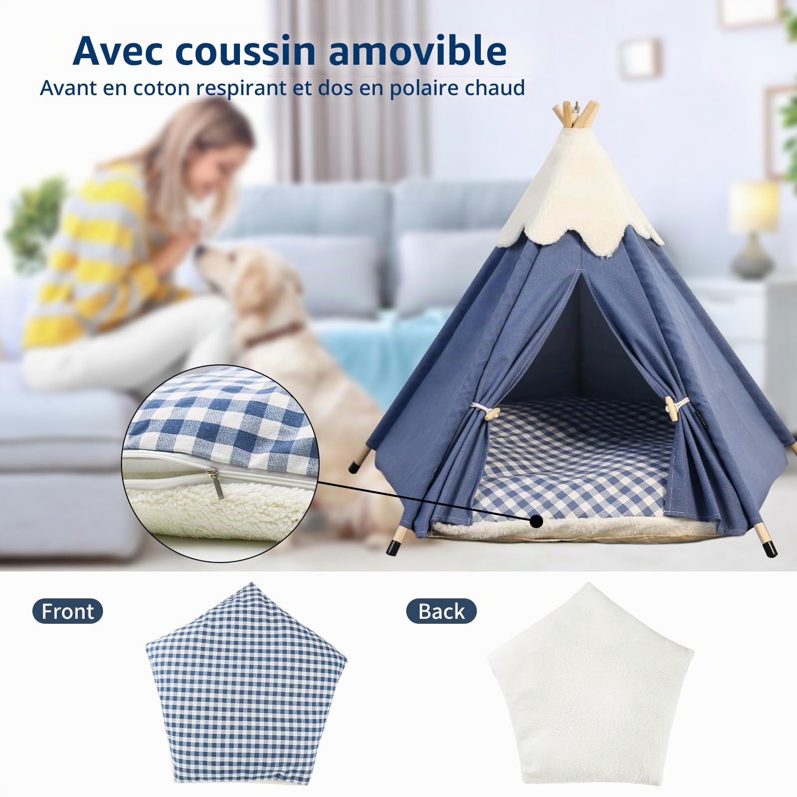 GIBZ Tente Tipi pour Animaux de Compagnie avec Coussin Amovible Jolie Maison Chien Lavable Antidérapant Lit Chat pour Intérieur, Bleu Marine, M